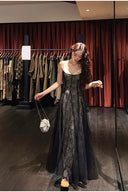 Vogsion Mara Maxi Dress in Black Lace Tulle – Spaghetti Strap Prom Wedding Guest Maxi Dress – Real Customer Photo