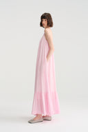 Island Breeze – A-Line Light Pink Backless Linen Maxi Dress for Summer