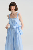 Azure Linen Sky-Blue/Beige A-Line Backless Pearl Wide-Leg Jumpsuit