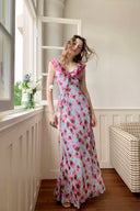 Vogsion Sky Blue Pink Rose Floral Chiffon Ruffle Maxi Dress worn by real customer by window