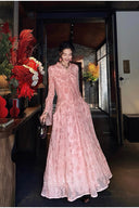 Vogsion Modest Embellished Sequin Beaded A-Line Maxi Dress in rich chocolate brown / blush pink / jet black – elegant long sleeve sequin lace gown with collar and bead details, worn by real customer not professional model, perfect for wedding guest prom evening 2026 trends with global fast shipping