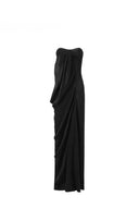 Black Vogsion Strapless Twist Knot Satin Draped Maxi Dress
