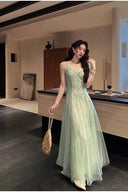 Vogsion Mara Maxi Dress in Sage Green Sheer Tulle Lace – Elegant Spaghetti Strap Wedding Guest Prom Gown – Real Customer Photo