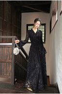 Vogsion Modest Embellished Sequin Beaded A-Line Maxi Dress in rich chocolate brown / blush pink / jet black – elegant long sleeve sequin lace gown with collar and bead details, worn by real customer not professional model, perfect for wedding guest prom evening 2026 trends with global fast shipping