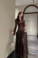 Vogsion Modest Embellished Sequin Beaded A-Line Maxi Dress in rich chocolate brown / blush pink / jet black – elegant long sleeve sequin lace gown with collar and bead details, worn by real customer not professional model, perfect for wedding guest prom evening 2026 trends with global fast shipping