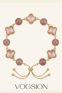 Vogsion Ethereal Mystic Clover Strawberry Quartz Bracelet, petite-friendly luxury jewelry for love and luck.