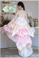 Vogsion Seraphina tiered lace maxi dress in pastel pink and cream, featuring layered ruffles and delicate lace trim for a romantic, high-fashion princesscore look.