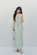 Floral Maxi Vacation Dress in Blush Pink & Lemon Green – Summer Beach Holiday Outfit, Resort Wear, Wedding Guest Dress, Romantic Chiffon Ruffle Evening Gown