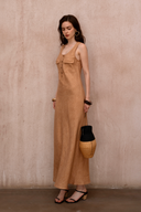 Sleeveless textured maxi dress in clay brown with buttons and chest pockets