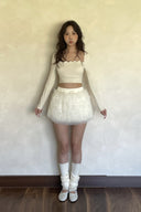 Women’s Ruffle Tulle Tennis Skirt Set – High Waist Layered Pleated Mini Skirt with Long Sleeve Crop Top for Sport & Fashion