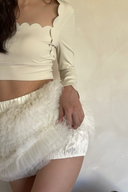 Women’s Ruffle Tulle Tennis Skirt Set – High Waist Layered Pleated Mini Skirt with Long Sleeve Crop Top for Sport & Fashion