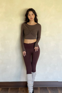 KOKOYAYA Twist Front Padded Long Sleeve Crop Top with Open Back – Built-in Bra Yoga Pilates Dance Activewear Shirt for Women