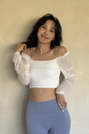 KOKOYAYA Mesh Long Sleeve Ruched Crop Top with Built-in Bra Pads – Women’s Square Neck Sheer Activewear Shirt for Yoga, Dance, Pilates & Athleisure