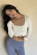 KOKOYAYA Lace Trim Square Neck Long Sleeve Crop Top – Women’s Yoga Activewear Workout Shirt, Ballet Dance Athleisure Top with Slim Fit Design