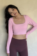 KOKOYAYA Lace Trim Square Neck Long Sleeve Crop Top – Women’s Yoga Activewear Workout Shirt, Ballet Dance Athleisure Top with Slim Fit Design