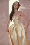 Champagne gold lace-up corset midi dress front view