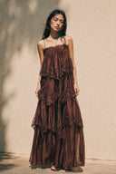 Vogsion Seraphina Tiered Chantilly Lace Maxi Dress in rich chocolate brown with vintage-inspired Chantilly lace, flowing layered skirt, romantic boho evening dress, fall wedding guest outfit and luxury cottagecore style.