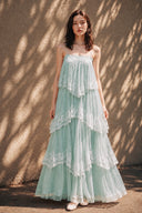 Vogsion Seraphina Tiered Chantilly Lace Maxi Dress in soft mint green featuring delicate Chantilly lace tiers, flowing layered silhouette, romantic fairycore maxi dress, elegant cottagecore wedding guest dress, lightweight resort vacation dress and timeless garden party style.