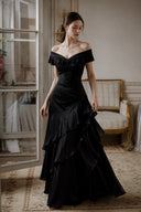 VOGSION Vivienne black satin off-shoulder formal maxi dress, front view