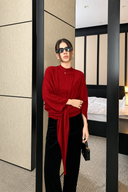 Red wool-blend knit tank and tie-front cardigan set styled with sunglasses