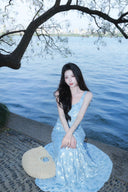 Light blue floral maxi dress for a wedding guest