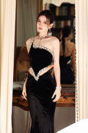 VOGSION black formal dress guide featuring a crystal-trim one-shoulder mermaid evening gown