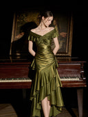 VOGSION Vivienne olive green satin off-shoulder formal maxi dress for a fall wedding guest