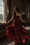 A woman wearing a floor-length, Vogsion Seraphina Green Wedding Guest Maxi Dress - red , captured mid-twirl in an ornate, sunlit room with dark wood paneling and a large window.