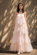 Vogsion Seraphina Tiered Chantilly Lace Maxi Dress in blush pink featuring romantic Chantilly lace, airy layered tulle effect, feminine fairycore maxi dress for engagement photos, bridal events and elegant celebrations.