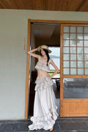 Vogsion LaceMade-Inspired Cottagecore Vintage Lace Ruffled Two-Piece Set in beige worn by real customer in elegant lakeside villa – romantic crop top and tiered maxi skirt 2026 coquette princess core