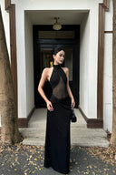 Vogsion Noir Eclipse Sheer Halter Maxi Dress black sheer panel elegant evening gown for formal events