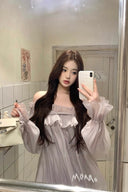 Vogsion Lilac Off Shoulder Puff Sleeve Ruffle Chiffon Babydoll Mini Dress worn by real everyday customer – coquette balletcore puff sleeve mini dress in pastel lilac 2026