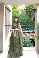 Vogsion Sage Green Floral Chiffon Cottagecore Maxi Dress with Included Sheer Gauze Shawl Set worn by real customer – ethereal wildflower summer gown 2026