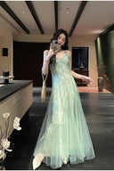 Vogsion Mara Maxi Dress in Sage Green Sheer Tulle Lace – Elegant Spaghetti Strap Wedding Guest Prom Gown – Real Customer Photo