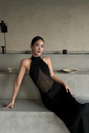 Vogsion Noir Eclipse Sheer Halter Maxi Dress black sheer panel elegant evening gown for formal events
