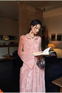 Vogsion Modest Embellished Sequin Beaded A-Line Maxi Dress in rich chocolate brown / blush pink / jet black – elegant long sleeve sequin lace gown with collar and bead details, worn by real customer not professional model, perfect for wedding guest prom evening 2026 trends with global fast shipping
