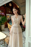 Vogsion Lysandra Botanical Lattice Embroidered Midi Dress in Ivory with Pink Floral Embroidery - High-end Renaissance Lace Style for Petite Women.