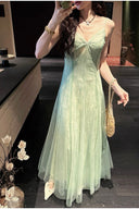 Vogsion Mara Maxi Dress in Sage Green Sheer Tulle Lace – Elegant Spaghetti Strap Wedding Guest Prom Gown – Real Customer Photo