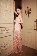 Vogsion Odette Blush Pink 3D Floral Applique Strapless Maxi Gown with High Slit Modeled Authentically by a Real Customer