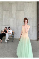 Vogsion Mint Draped Lace Maxi Dress – real customer wearing mint green tulle fairy core prom and wedding guest gown with lace bodice, authentic photos not from professional models, global fast shipping 2026