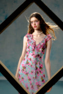 Vogsion Sky Blue Pink Rose Floral Chiffon Ruffle Maxi Dress worn by real customer through frame