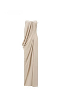 White Vogsion Strapless Twist Knot Satin Draped Maxi Dress