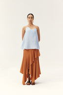 Terracotta Cascade Asymmetrical Ruffle Midi Skirt