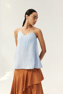 Azure Sculpt Double-Layer Strapless Linen Top