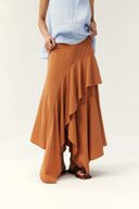 Terracotta Cascade Asymmetrical Ruffle Midi Skirt