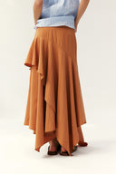 Terracotta Cascade Asymmetrical Ruffle Midi Skirt
