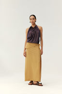 Sand Orange Textured Asymmetric Draped Maxi Skirt