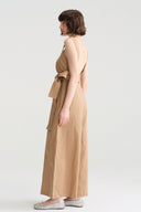 Azure Linen Sky-Blue/Beige A-Line Backless Pearl Wide-Leg Jumpsuit