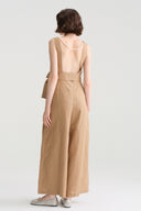 Azure Linen Sky-Blue/Beige A-Line Backless Pearl Wide-Leg Jumpsuit