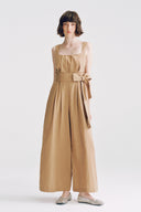 Azure Linen Sky-Blue/Beige A-Line Backless Pearl Wide-Leg Jumpsuit